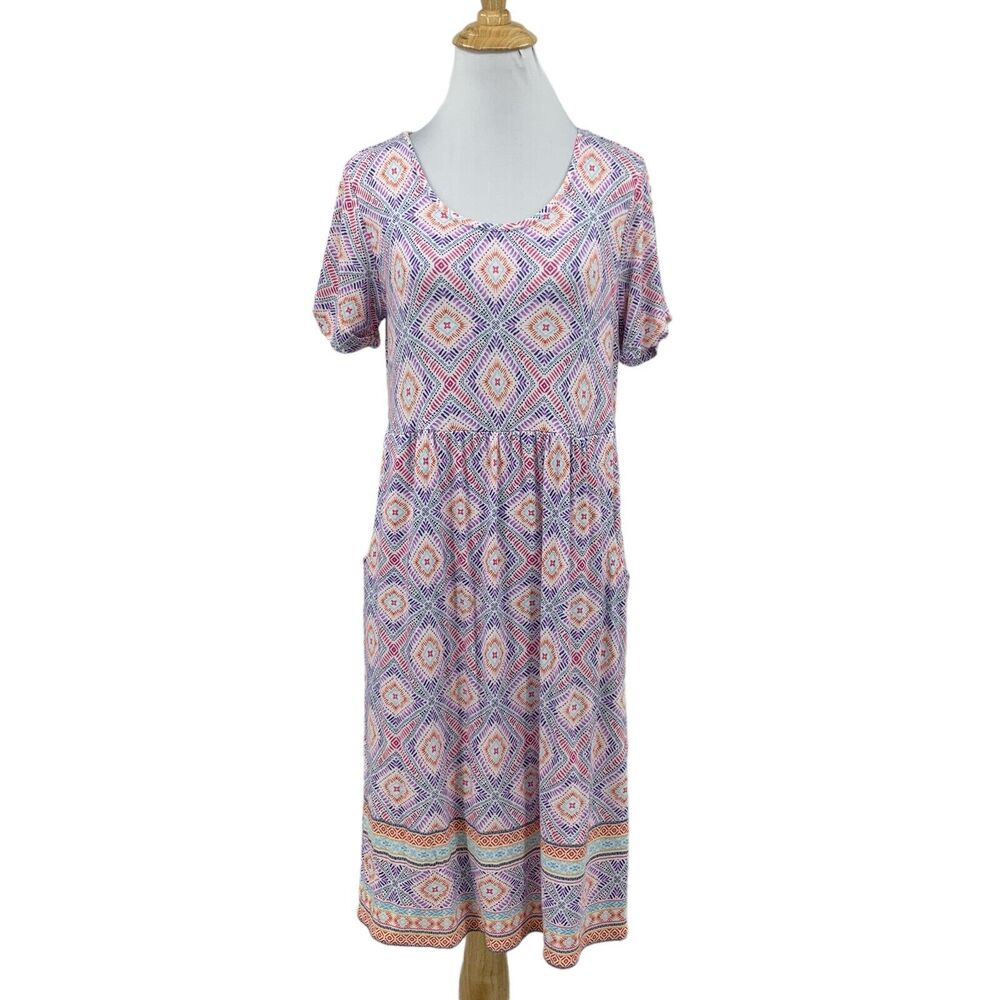 J Jill Dress Womens XS Purple Multi Geo Print Soft Stretch Cuffed Short Sleeves